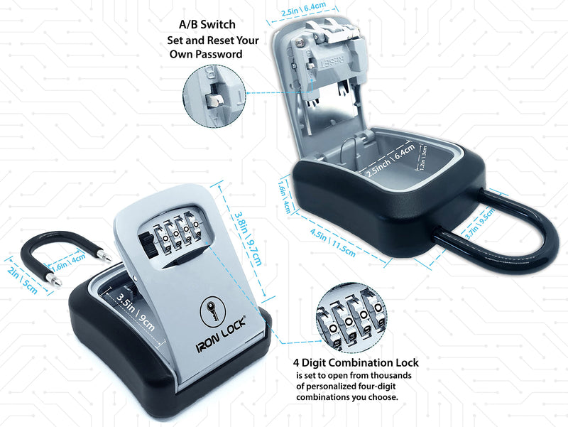 Iron Lock® - Key Lock Box Portable and Wall Mounted with Removable Shackle Indoor Outdoor Waterproof 4 Digit Combination with Resettable Code with A B Switch Key Lockbox for Outside Hold 5 Spare Keys Gray Medium-U