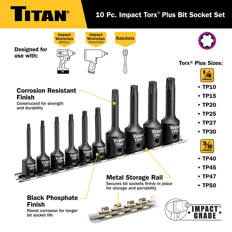 Titan 49008 10-Piece Impact Torx Plus Bit Socket Set, Sizes TP10 thru TP50, S2 and 6150 Alloy Steel, Extra-long Design for Greater Reach and Access, Metal Storage Rail