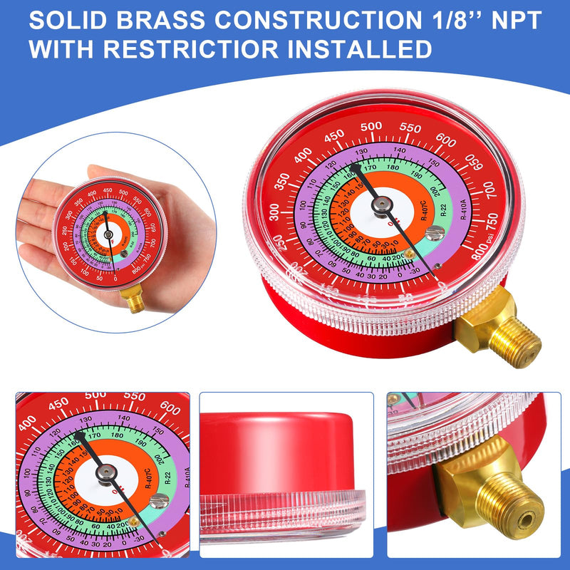 Relaxweex Refrigeration Pressure Gauge with 12'' Hose Kit R22/r404/r-410a 0-800psi 1/8" Npt Lower Mount 30inhg-0-250psi, 250-500psi & 0-800psi Degree F 40345 Blue & 40344 Red Dial (80mm(3-1/8" Dial))