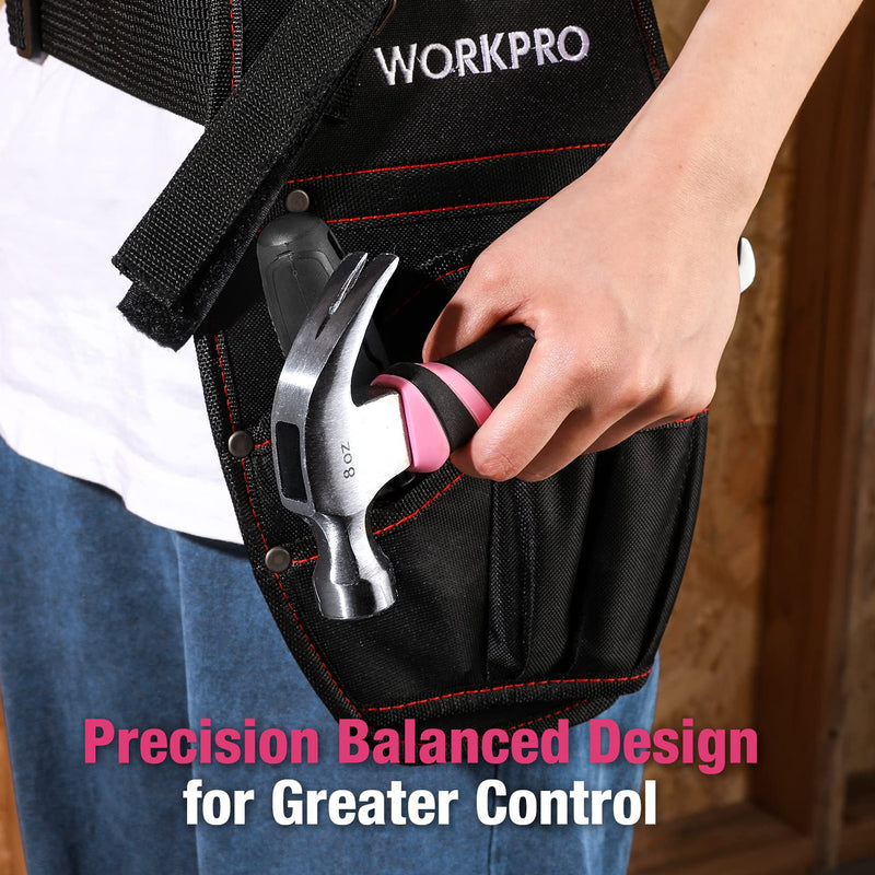 WORKPRO 8 oz Claw Hammer with Fiberglass Handle, All Purpose Hammer with Forged Hardened Steel Head, Smooth Face & Shock Reduction Grip - Pink Ribbon 8oz
