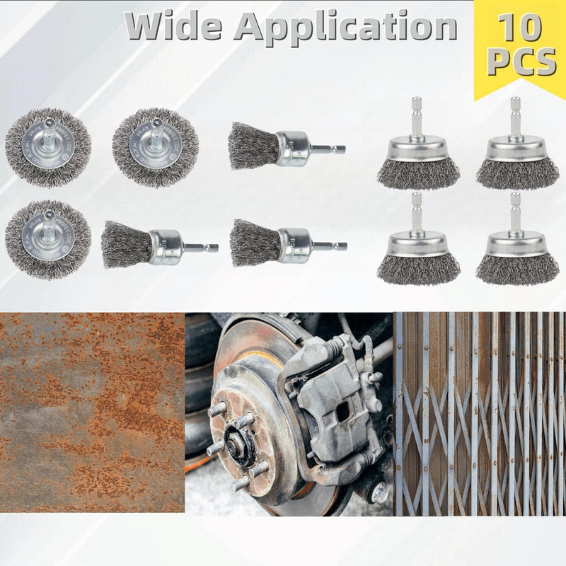 10 Pack Wire Brush for Drill, Carbon Steel Wire Wheel Brush, Cup Brush, Pen Brush Set with 1/4-Inch Hex Shank for for Cleaning Rust, Stripping and Abrasive 10 PCS