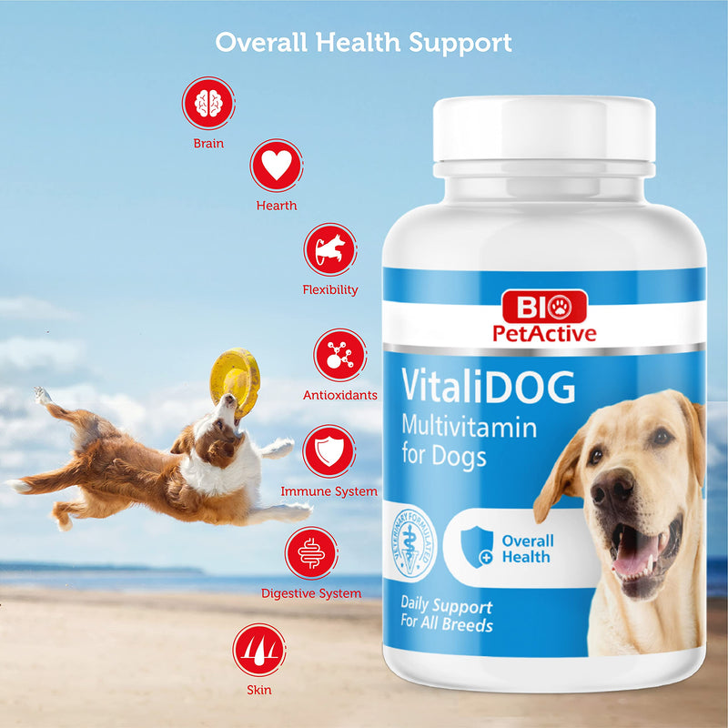 VitaliDOG Multivitamin for Dogs, Skin and Coat Supplement, Dog Prenatal Health Supplies, Vitamin A + E + B9 + B5 + H + Biotin + Amino Acids + Folic Acid for Dogs, 150 Chewable Tablets - PawsPlanet Australia