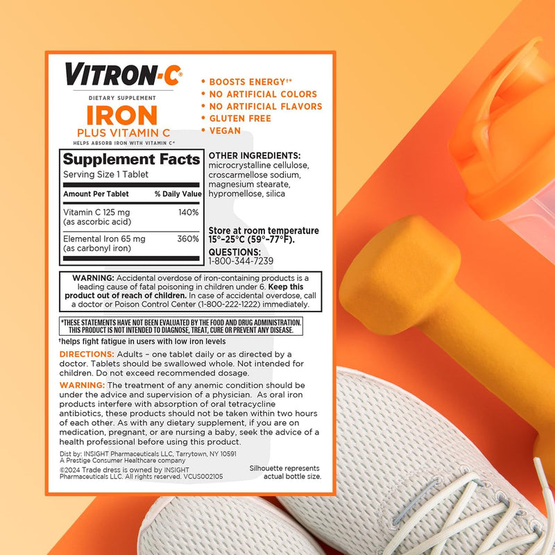 Vitron-C High Potency Iron Supplement with 125 mg Vitamin C, Dye Free, Vegan, Gluten Free, 60 Count