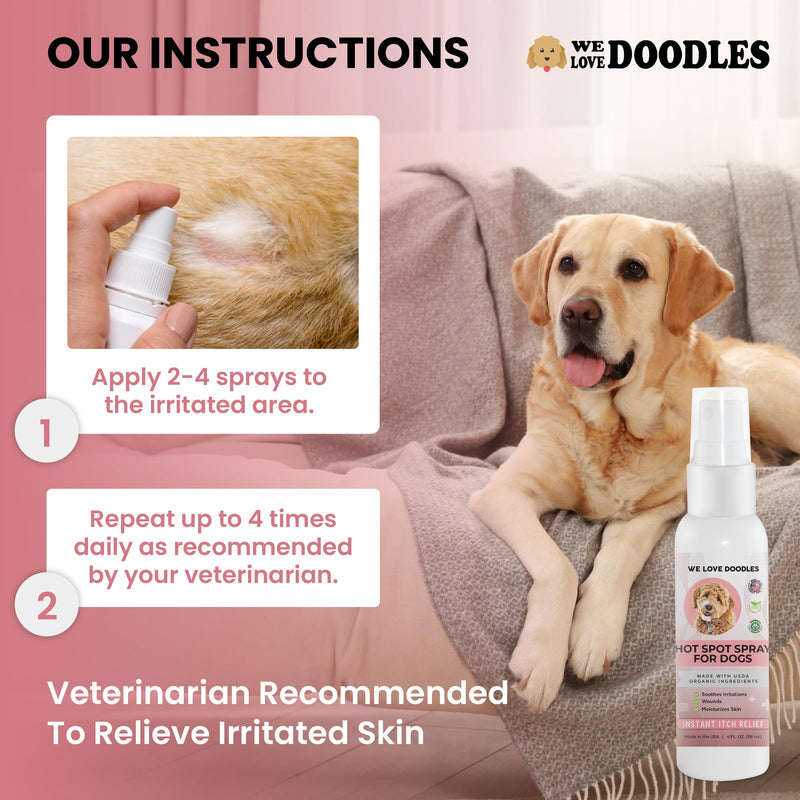We Love Doodles USDA Organic Dog Hot Spot Spray, Itch Relief for Dogs Licking Paws, Made in USA, Anti-Itch Allergies, Dermatitis & Skin Irritation Treatment, Veterinarian Approved, 118mL - PawsPlanet Australia
