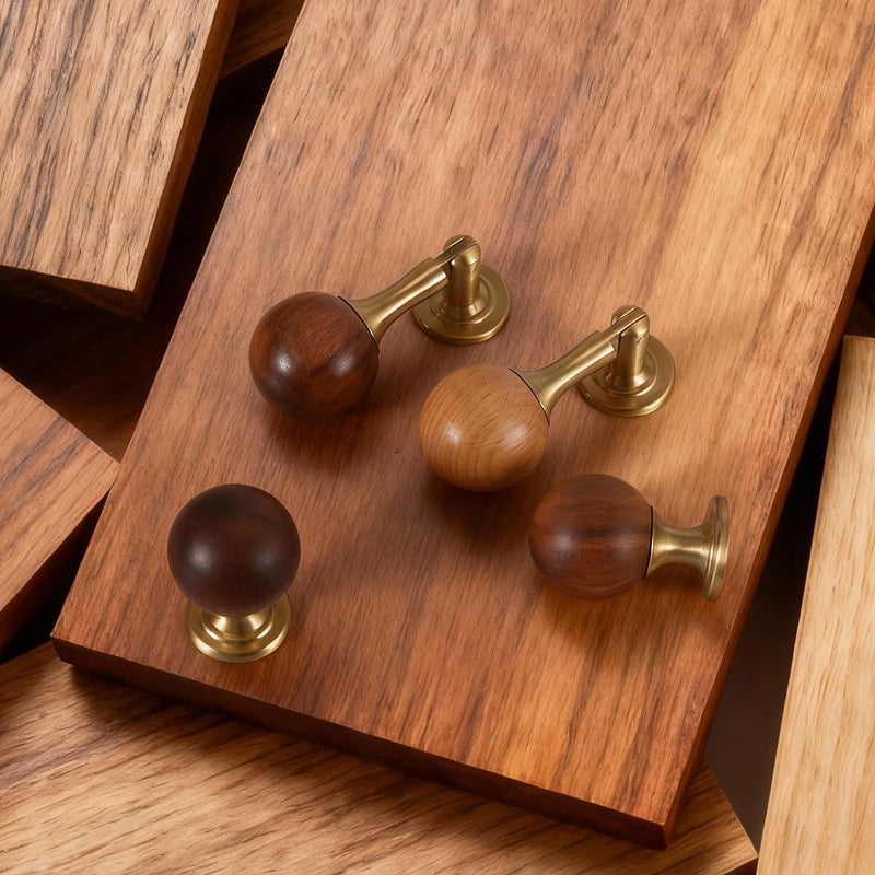 Wood & Brass Cabinet Knobs and Pulls 10 Pack - 1-3/16''(30mm) Walnut Round Gold Cabinet Knobs Hardware with Copper Base, Vintage Wooden Handle for Dresser Kitchen Cupboard Drawer Walnut Wood Ball + Solid Brass Base 30mm|1-3/16''