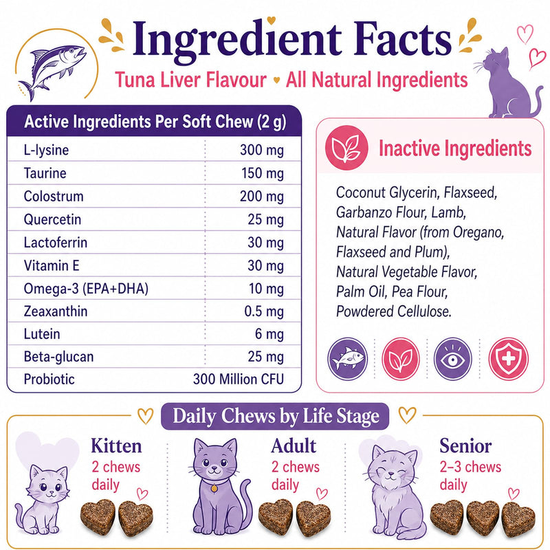 Immune & Eye Support Chews, 90 Primal Cat Immune Chews (Tuna Flavor), Cat Food, Vision Support, Supports Healthy Eyes and Immune Function (90 Chews) 90 Chews