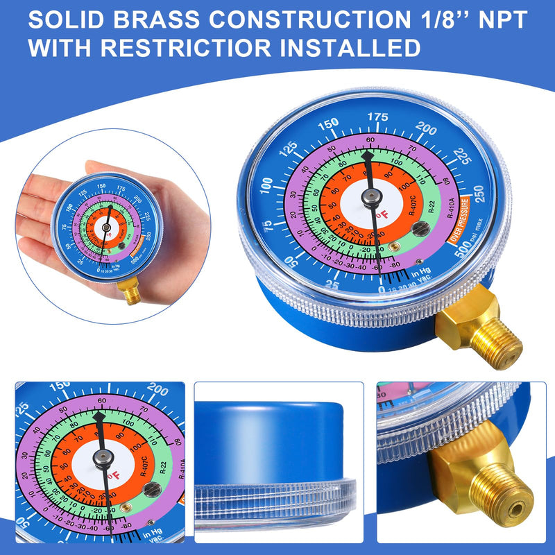 Relaxweex Refrigeration Pressure Gauge with 12'' Hose Kit R22/r404/r-410a 0-800psi 1/8" Npt Lower Mount 30inhg-0-250psi, 250-500psi & 0-800psi Degree F 40345 Blue & 40344 Red Dial (80mm(3-1/8" Dial))