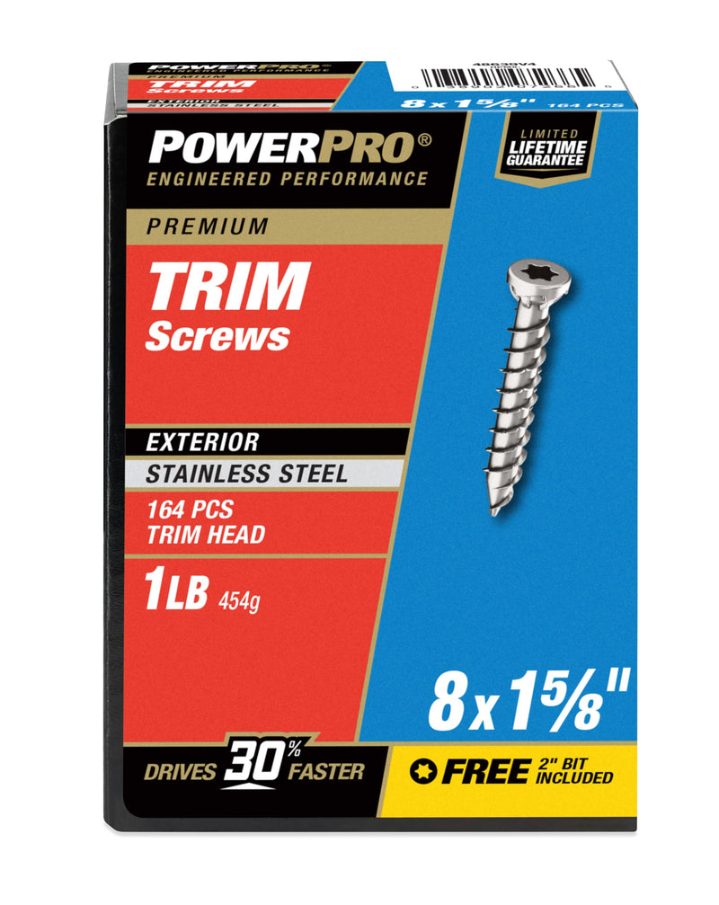 Power Pro Premium 305 Stainless Steel Trim Screws (#8 x 1-5/8") - 1lb Box