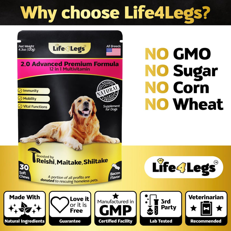 Soft Chews Dog Vitamins & Supplements - Dog Multivitamin - Hemp Oil Glucosamine Chondroitin Hip and Joint Support Health, Skin & Coat, Digestion & Immune Booster, Heart, Probiotics Bacon 30 Soft Chews