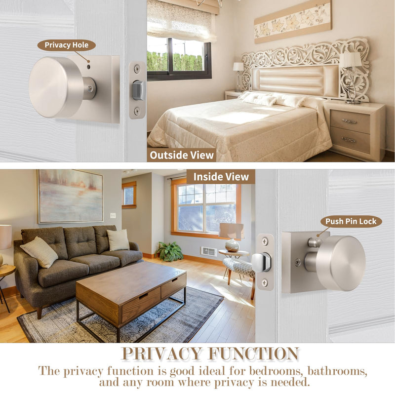 coolnews Brushed Nickel Door Knobs Interior, Satin Nickel Privacy Bathroom Door Knob with Lock, Modern Square Privacy Interior Door Handle for Bedroom