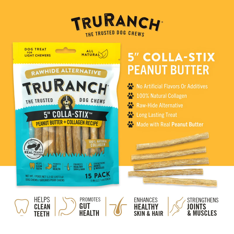 5" Collagen Sticks 2 Flavor Bundle: Beef, Peanut Butter, Healthy Joint Support Dog Treat, Rawhide Alternative, Skin & Coat Health, Made with Real Beef, 2 Bags, 30 Count