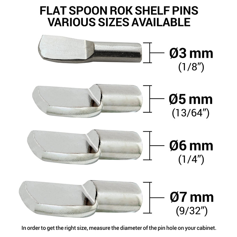 25 Pack Rok Tiny Size Heavy Duty 1/8" (3mm) Shelf Pin Spoon Shaped Cabinet Support Pegs Holder, Metal, Nickel Finish - ROKSP3N 25 3mm