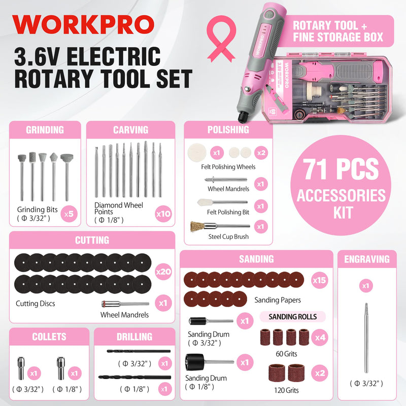 WORKPRO Mini Cordless Rotary Tool, 71PCS Kit for Engraving/Drilling/Carving Pink