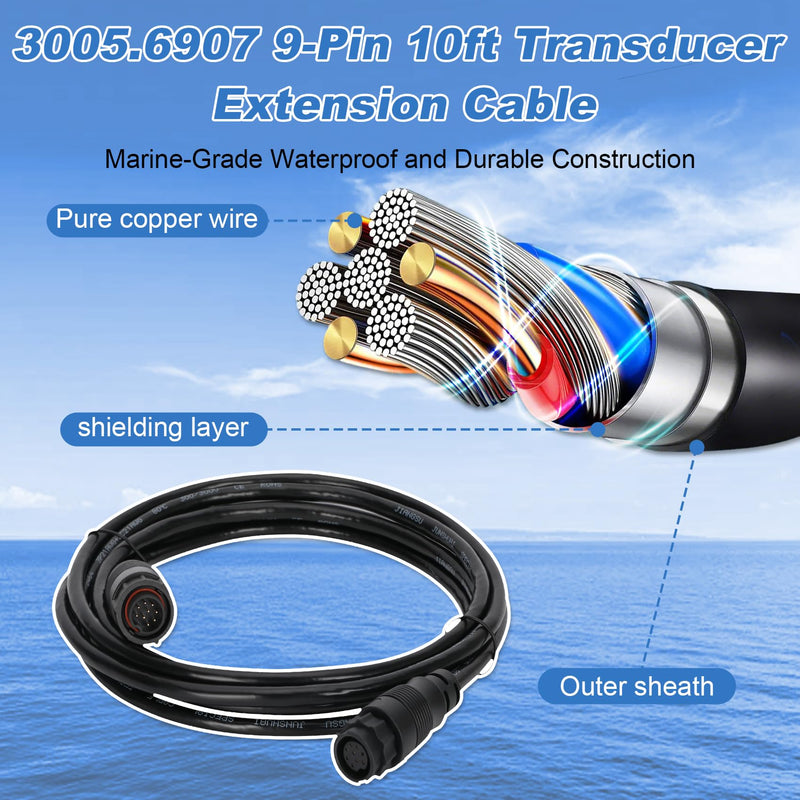 3005.6907 9-Pin Transducer Extension Cable 10ft, Compatible with Lowrance LSS-1 LSS-2 StructureScan, 000-00099-006 Marine Grade Waterproof Extension Cable, 3005.6907