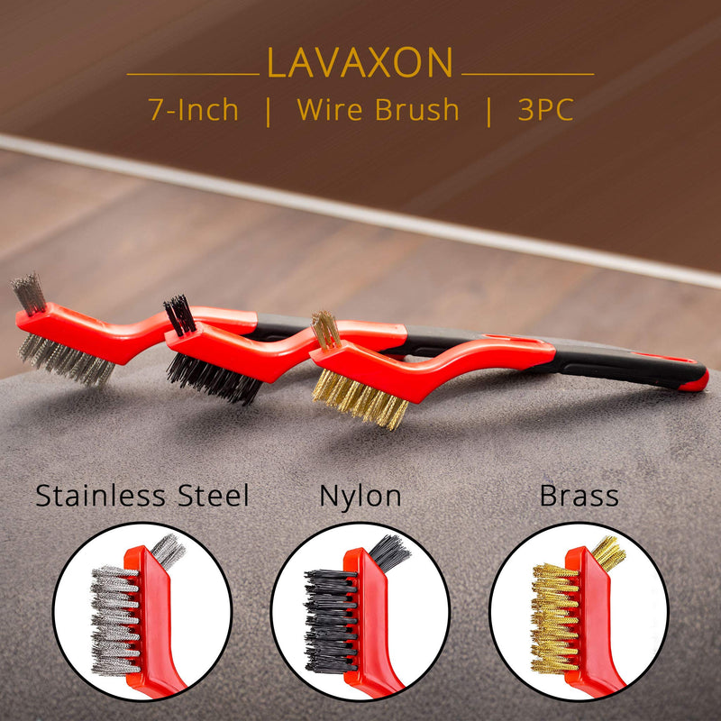 Wire Brush Set 3Pcs - Nylon/Brass/Stainless Steel Bristles with Curved Handle Grip for Rust, Dirt & Paint Scrubbing with Deep Cleaning – 7 Inches (Red) Red