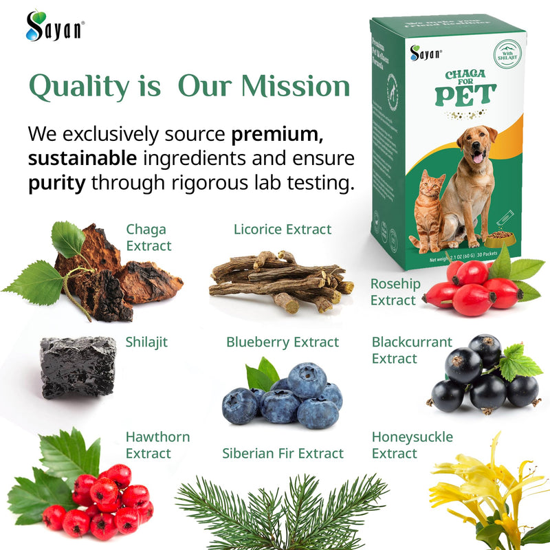 Sayan Chaga + Shilajit Pet Supplement (30 Sachets) – All-Natural Adaptogen Blend for Dogs & Cats – Immune, Joint, Energy & Digestive Support – Herbal Blend – 100% GMO-Free, Vet-Formulated
