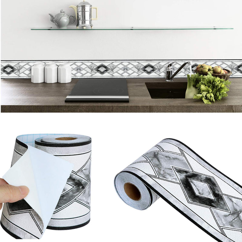 HyFanStr 4"x196" Waterproof Wallpaper Border 3D Embossed Floral Wall Border Paper Peel and Stick Wall Tile Borders for Bedroom Bathroom Kitchen Counter Top Backsplash Tiles Sticker 4" x 196" Diamond-black
