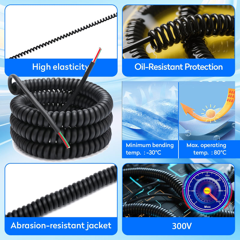 4-20-4 Coil Cord, 4 Conductor Wire, Coiled Extension Cord, 18/4 18AWG 20 Foot Retractable Spring Coil Wire for Industrial/Home Use