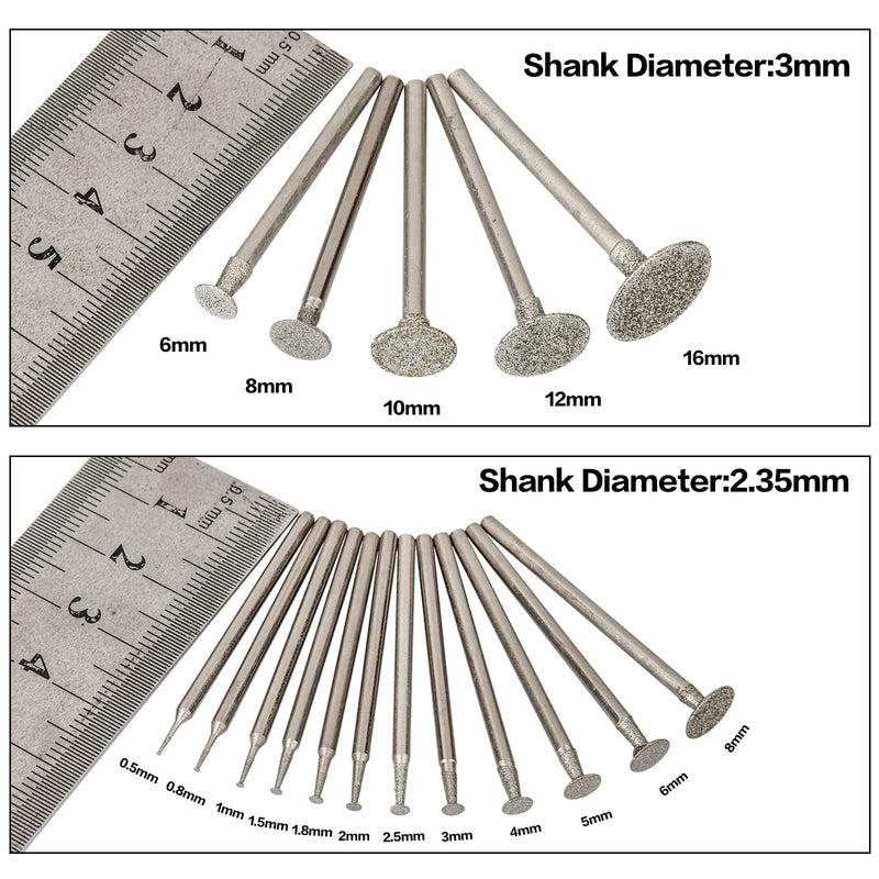 Stone Carving Set Diamond Burr Bits Compatible with Dremel, 17PCS Polishing Kits Rotary Tools Accessories with 2.35mm 3mm Shank T Shape for Carving, Engraving, Grinding, Stone, Rocks, Jewelry, Glass 0.5-16mm burr head 3/32''+1/8'' shank