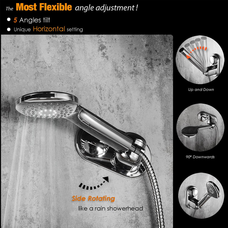 Suction Cup Handheld Shower Head Holder - Relocatable - 5 Angles Adjustable - Unique Horizontal Setting - Large Shower Head Supports - Wider Input - Wall Mounted with Vacuum Power (Polished Chrome)