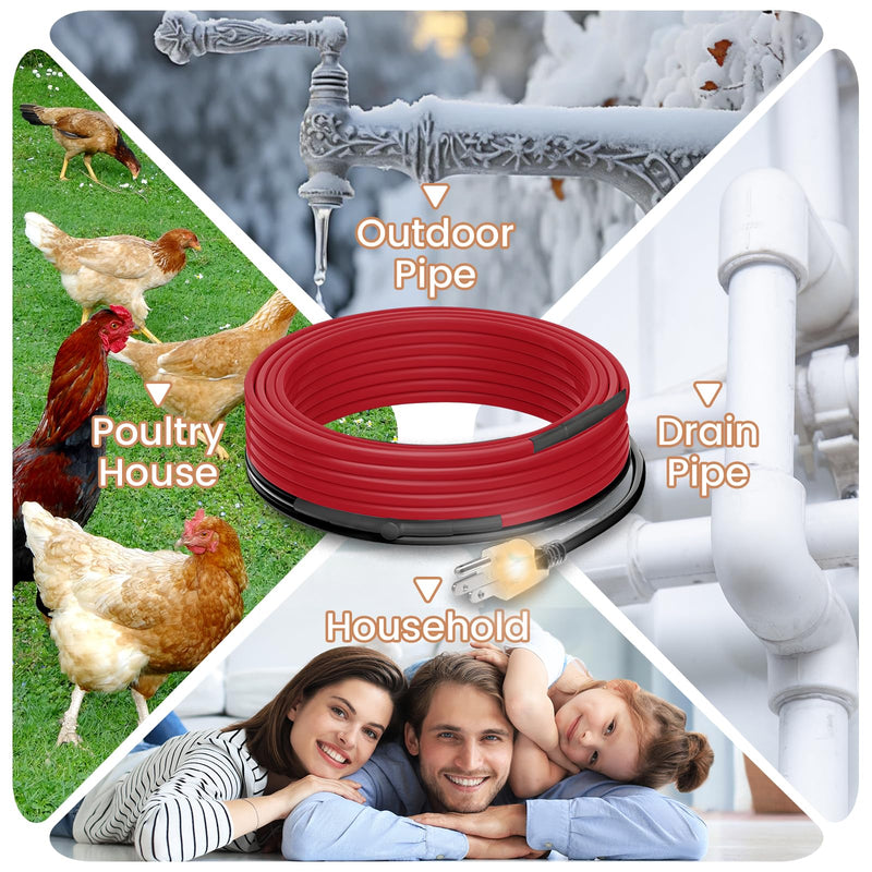 Anti-Freeze Heat Trace for Pipes, Heat Tape for Water Pipe Freeze Protection with Thermostat Electric Pipe Heating Trace System for Home Supply Pipes 120V, 7 Feet Red 7-Feet