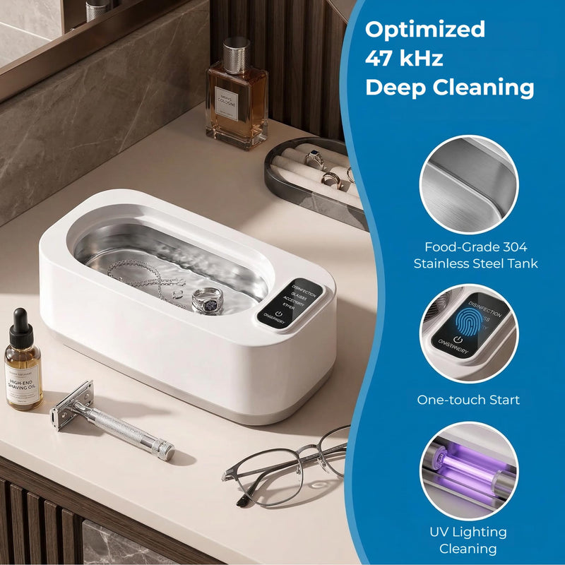 Ultrasonic Jewelry Cleaner 304 Stainless Steel Tank Ultrasonic Cleaner Machine for Razors,Eyeglasses,Watch Straps,Rings,Lighting-Assisted Cleaning Function