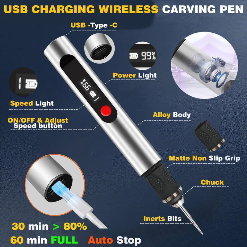 Engraving Pen, Cordless Electric Engraving 3-Speed Engraver (8000-25000 RPM) for Beginner Friendly Artists & DIYers Rechargeable +Tool with 35 Accessories for Metal/Glass/Wood Engraving Silver