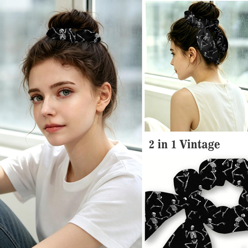 Ponytail Scrub Cap for Women - Surgical Caps with Breathable Fabric,Comes with a Matching Bow Scrunchie Hair Tie Black Skull