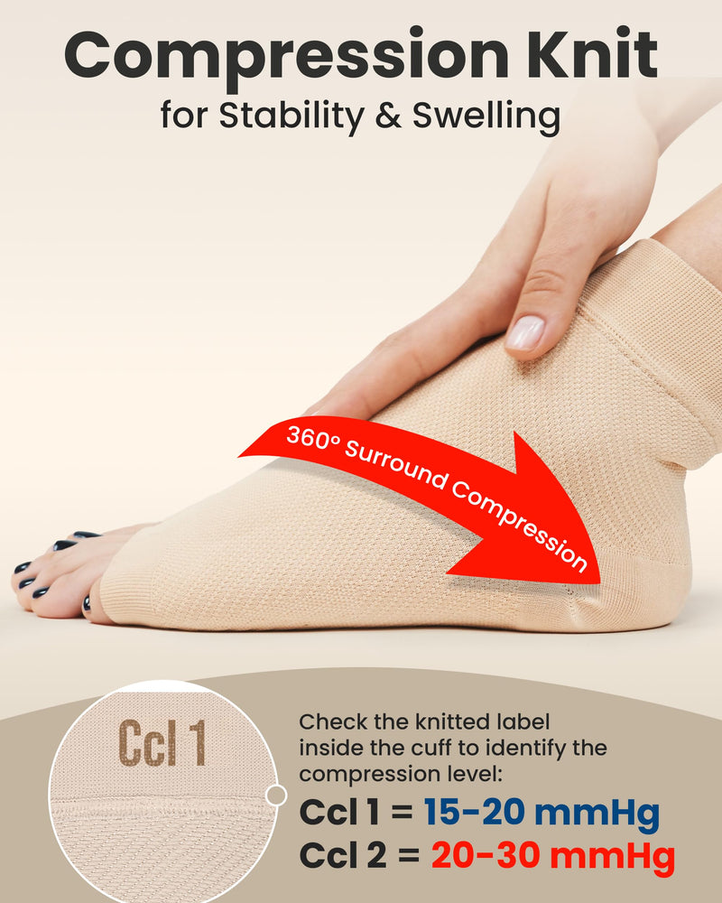 KEMFORD Ankle Compression Sleeve - Plantar Fasciitis Braces - Open Toe Compression Socks for Swelling, Sprain, Neuropathy, Foot Arch Support for Men and Women - 20-30mmhg, M, Beige M (20-30 mmHg)