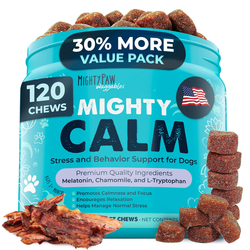 Mighty Paw Calming Chews for Dogs with Melatonin - Vet Formulated Dog Sleep Aid - Puppy & Large Pet Treats - Waggables Calm -Composure Calming Chews for Stress & Relaxation, 120 Count (Made in USA) 1 Pack - 120 Chew Count