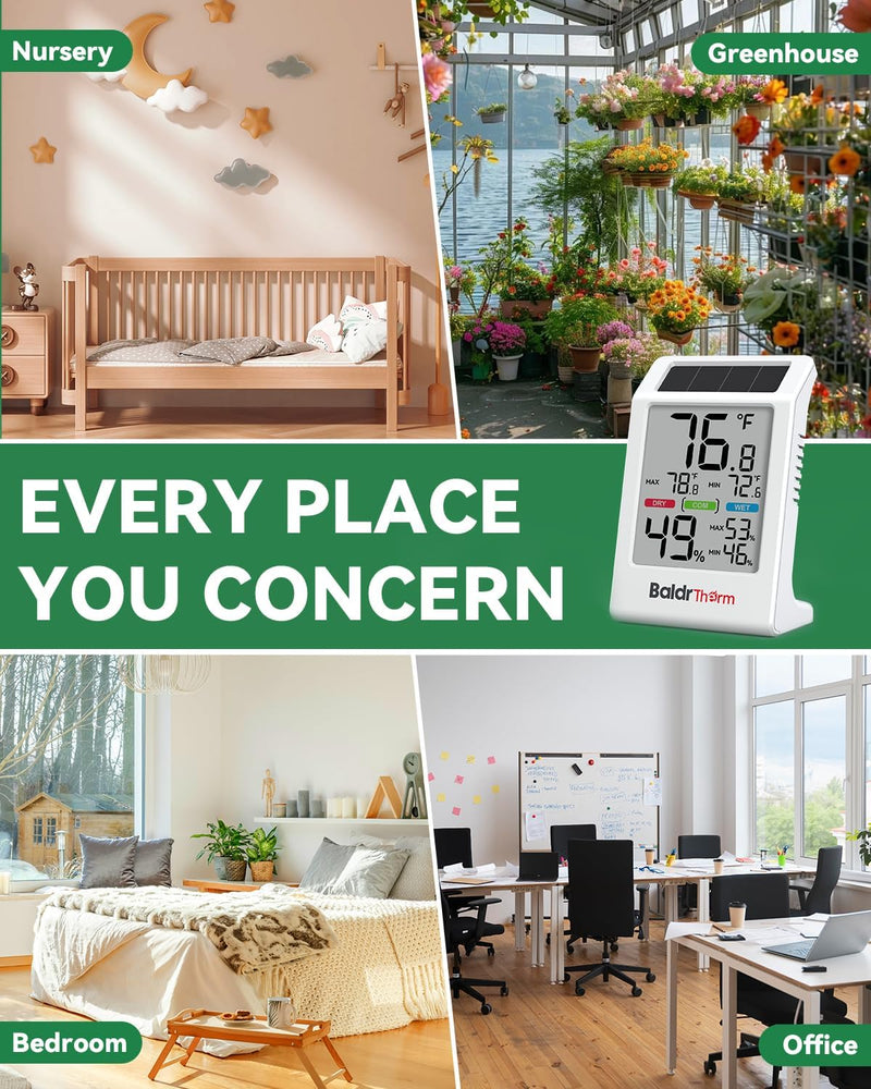 BALDR Solar Indoor Thermometer Hygrometer, Max/Min, Comfort Meter (3 Pack) White 3 Pack