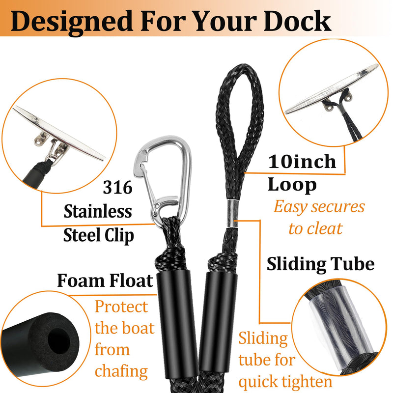 Bungee Dock Lines (3 FT) – Heavy Duty Shock Absorbing Mooring Ropes for Boats, Elastic Boat Tie Downs with 316 Stainless Steel Clip for Pontoon, Kayak, Sea-Doo and More– Marine Grade Boat Accessories Black