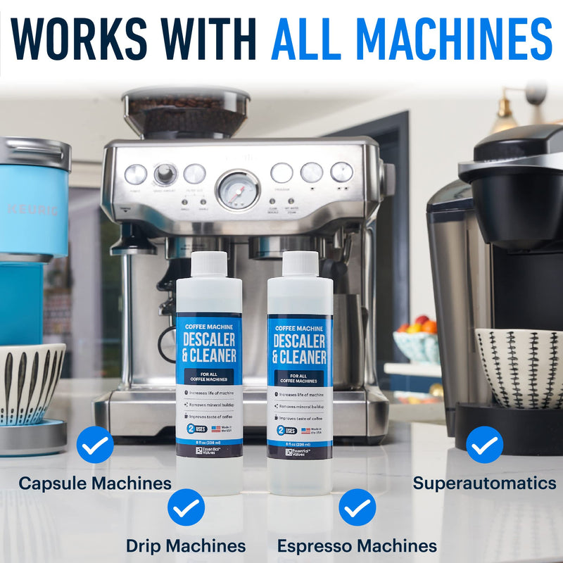 Essential Values Universal Descaling Solution for Keurig Breville Nespresso & Delonghi (4 Uses) | Coffee Machine Descaler Cleaner | Liquid To Descale Automatic Coffee Makers & Espresso Machines 8 Fl Oz (Pack of 2)