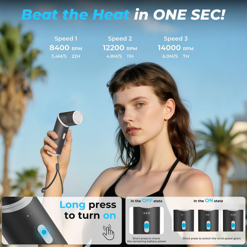 COMLIFE Portable Handheld Turbo Fan with Rotatable Head, 22H Run Time, 14000RPM High Speed Motor, 3 Speeds & Metal Tube Body, Mini Yet Powerful Pocket Rechargeable for Travel Outdoor Beach-Black Black Turbo Power
