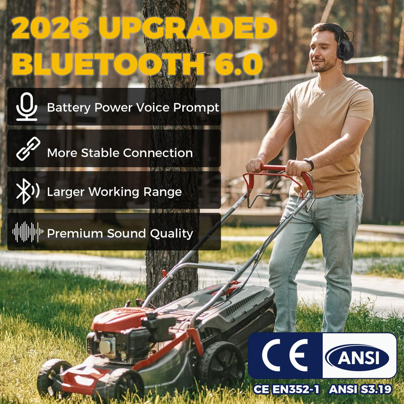Bluetooth 6.0 Hearing Protection with 120H Working Time, 30dB Safety Earmuffs, Rechargeable Ear Protection Headphones with Mic for Mowing, Workshops, Construction, Snowblowing, Black