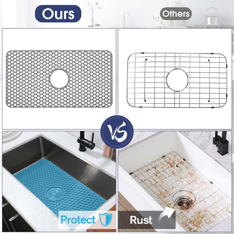 Silicone Sink Protector 28"x15" Center Drain Hole, Heat Resistant Non-slip Dishwasher Suitable, Large Sink Mat for Bottom of Farmhouse Kitchen Stainless Steel Sink 28x15 center