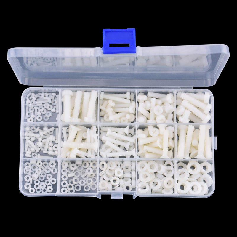 M2 M2.5 M3 M4 M5 M6 Nylon Screws Nuts Washers Assortment Kit with Screw Storage Box(420PCS)