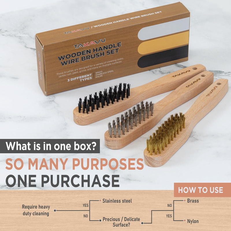 TAKAVU Wire Brush Set 3pcs, Stainless Steel - Brass - Nylon Bristle Small Wire Brushes for Cleaning Rust Dirt Welding, Paint Scrubbing, Deep Cleaning, Natural Wooden Handle & Durable Bristle 3pcs Small Wooden Wire Brush