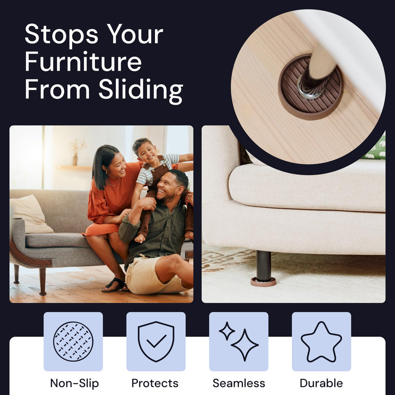 CasterMaster Non Slip Furniture Pads for Hardwood Floors - 2x2 Brown Round Rubber Feet for Furniture - Anti Slip Couch Stoppers to Prevent Sliding - Set of 4 Bed Stoppers