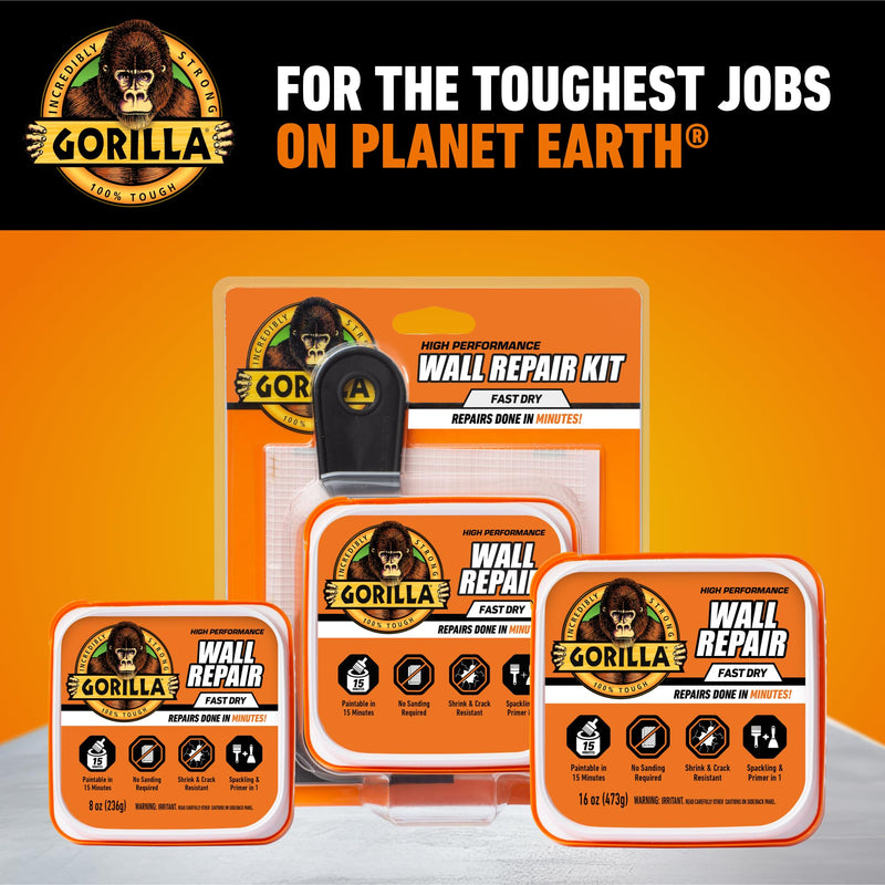 GORILLA Wall Repair Kit, Heavy Duty Spackling Tub, 4 in Patch, 8 Fl Oz (Pack of 2)