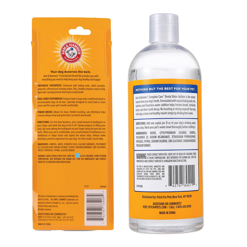 Arm & Hammer Fresh Breath Dog Dental Care Kit with Toothbrush & Chicken Toothpaste (2.5 oz) + Complete Care Flavorless Water Additive for Dogs, Dog Mouthwash & Bad Breath Treatment (16 oz)