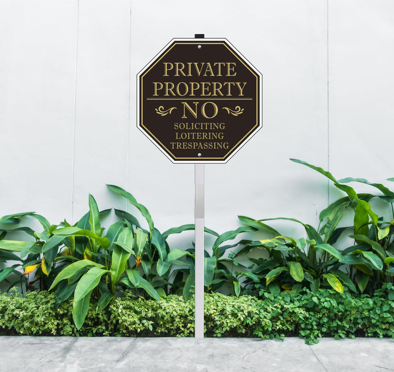 No Soliciting Sign for House, Large Private Property No Trespassing Sign, 10 x 10 Inches No Loitering Aluminum Metal Signs with 28 Inches Long Stakes for Outdoor Yard (BLACK/GOLD) BLACK / GOLD