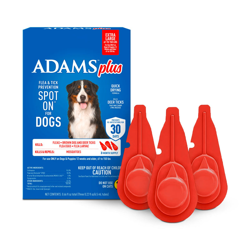 ADAMS Plus Flea & Tick Prevention Spot On for Dogs, Extra Large Dogs, Kills Fleas & Ticks (Brown Dog/Deer Ticks), Kills and Repels Mosquitoes, Prevents Flea Infestations, 3-Month Supply, 3 Pack X-Large Dog 61-150 Pounds