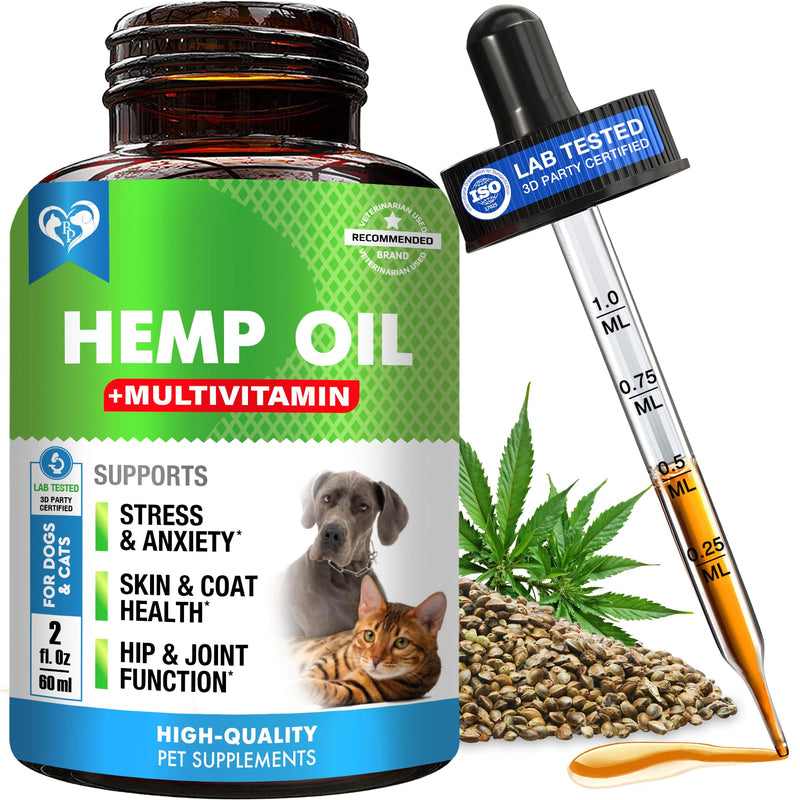 Cat & Dog Hemp Oil Drops with Multivitamin - Pet Calming Anti Anxiety & Hip and Joint Pain Aid and Anti Stress Support - Natural Liquid Supplement (2 oz) 2 oz