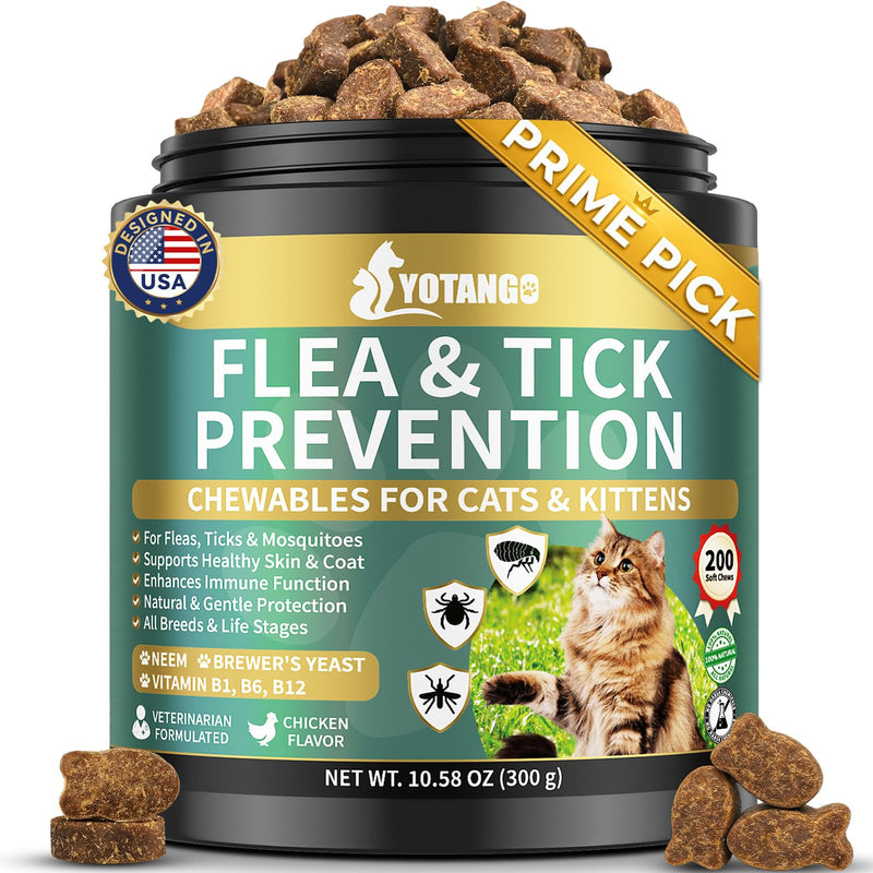 Natural Flea Treatment for Cats Chewables, 200 Soft Treats Flea and Tick Prevention for Cats, Oral Flea Supplement for Kitten Cat, Cat Flea and Tick Treatment, Skin & Coat Support - All Breeds & Ages