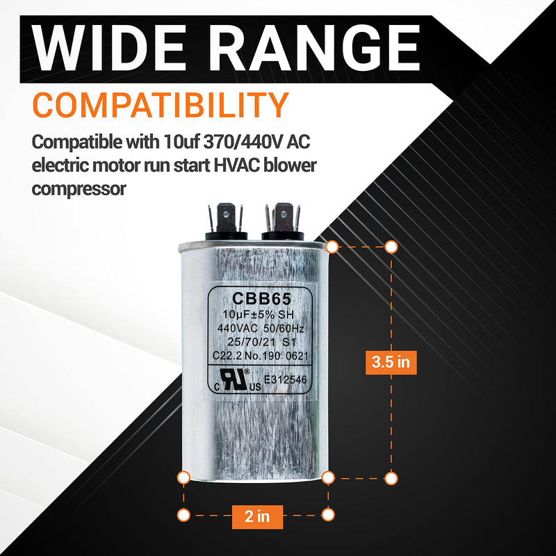 Original Version 10 uF MFD ±5% 370/440V CBB65 Oval Run Start Capacitor Replacement Part by BlueStars - Exact Fit for AC Motor Run or Fan Start and Cool or Heat Pump Air Conditioner