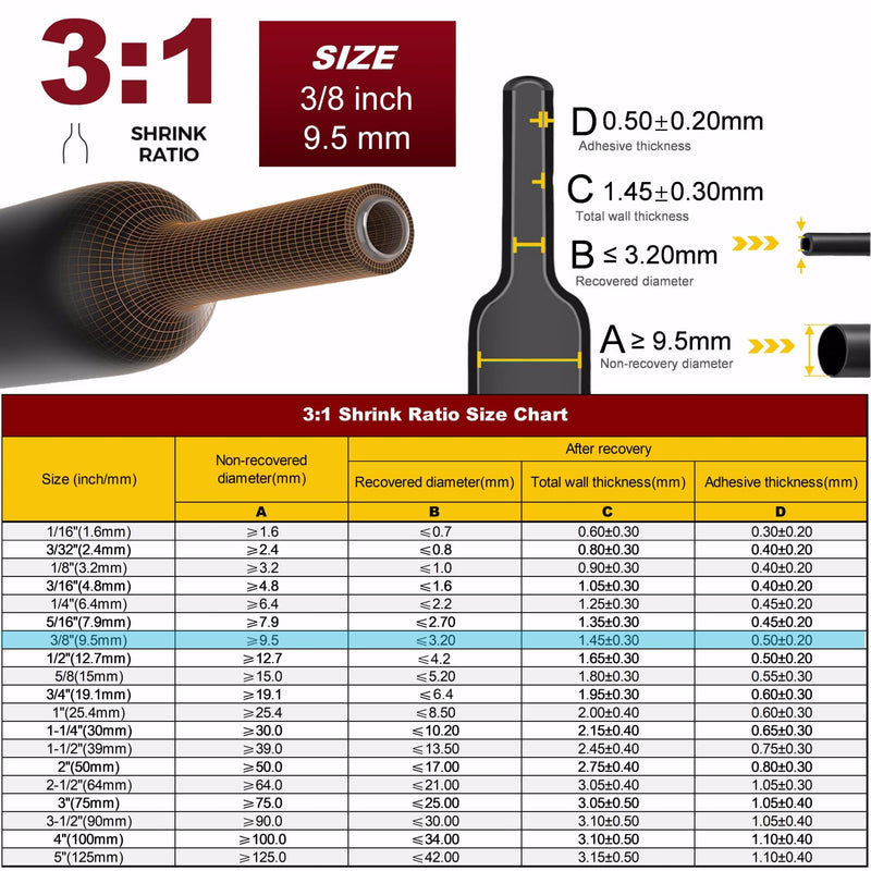 CUBEFELLER® 3:1 Ratio 3/8 Inch (9.5mm) Black Heat Shrink Tubing - 20ft (6.1M Total Length), Marine Grade Waterproof Adhesive Lined, Insulation Sealing Oil-Proof Wear-Resistant,ET2095B 9.5mm (3/8") - 20ft 1