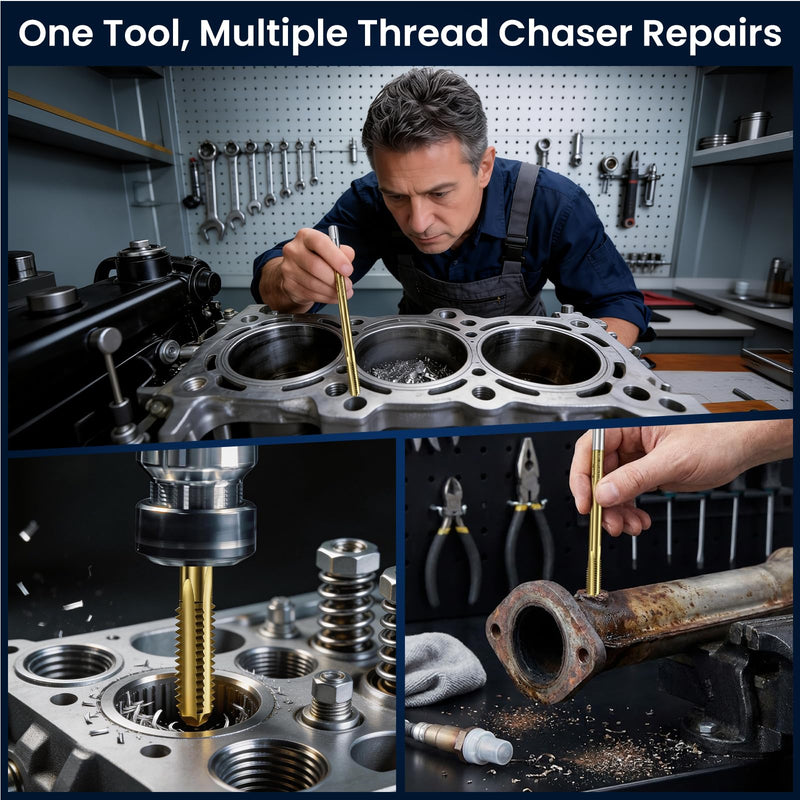 M11×2.0 4-Flute & M8×1.25 3-Flute Thread Tap Set – O2 Sensor & Spark Plug Thread Chaser,Thread Cleaning,High Precision M2 Steel with TIN Coating,Thread Clean Tap for Engine Bolts M11*2.0+M8*1.25