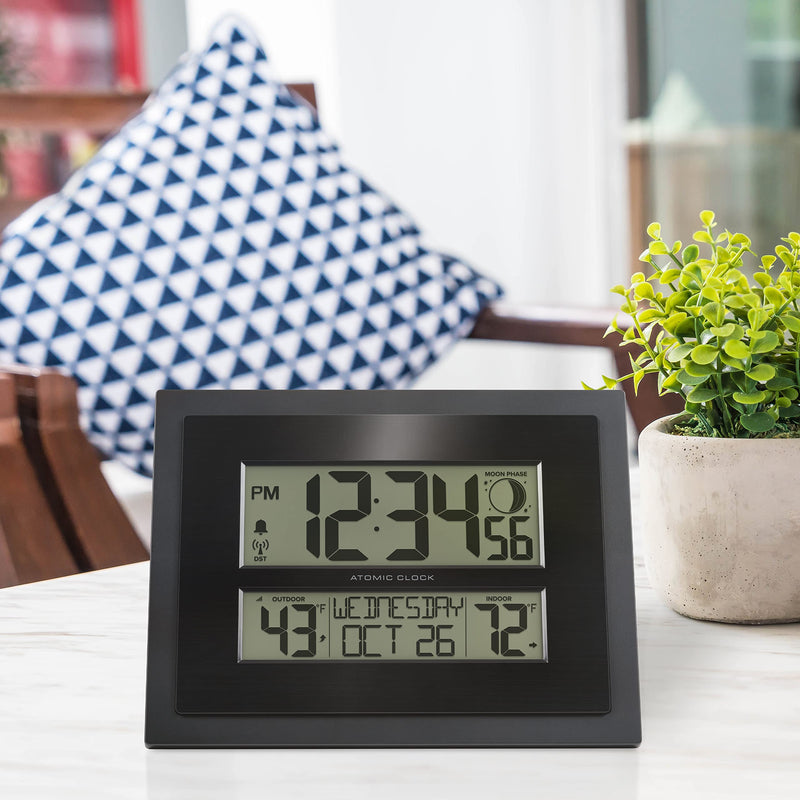 La Crosse Technology 513-75624-INT Digital Atomic Clock with Outdoor Temperature and Moon Phase,Black Weather Station