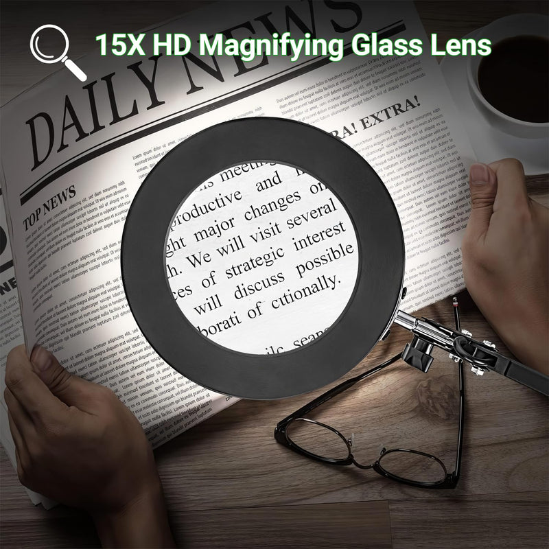 15X Real Glass Lens Magnifying Glass with Light – 3 Color Modes & Adjustable Brightness, Hands-Free Magnifier with Metal Base & Clamp for Crafts, Repair, Reading, Sewing, Painting & Close Work
